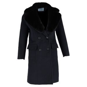 Prada Double-Breasted Fur Collar Coat in Navy Blue Wool